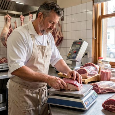 a butcher weighing produce on a counter scale