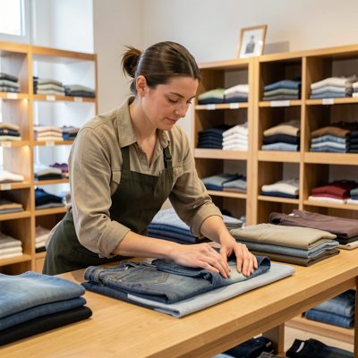 a shop assistant folding clothes on a table