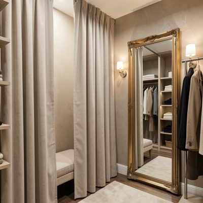 a boutique fitting room with a curtain and mirror