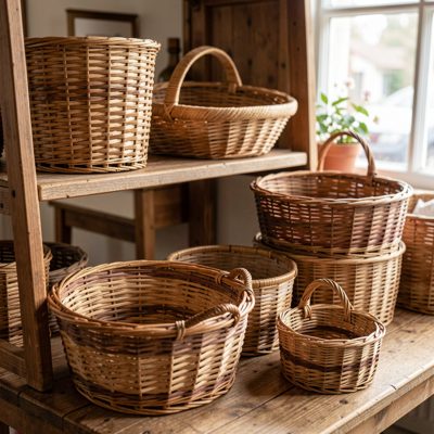 a display of woven baskets in different sizes