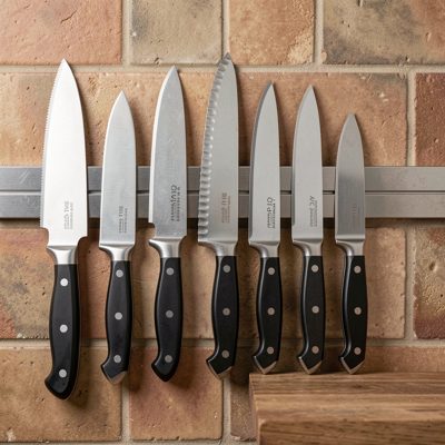 a set of kitchen knives on a magnetic strip