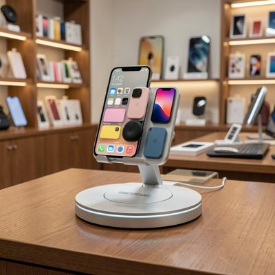 a phone accessories display on a rotating stand