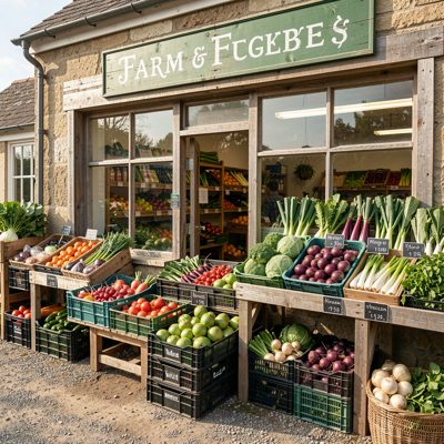 a farm shop with vegetables in crates