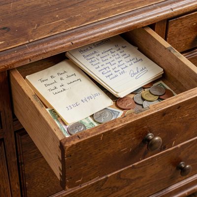 an open till drawer with notes and coins