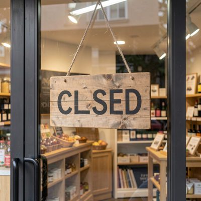 a shop closed sign hanging inside a glass door