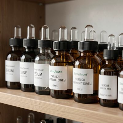 a shelf of serum bottles with glass droppers