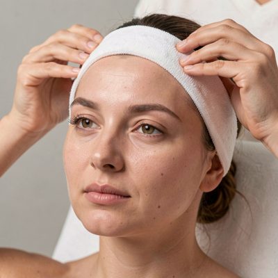 a headband pushing hair back before a facial