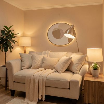 a treatment room with a couch and warm lighting