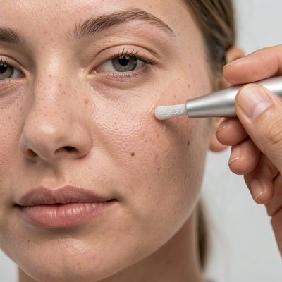 a microdermabrasion wand being used on a cheek