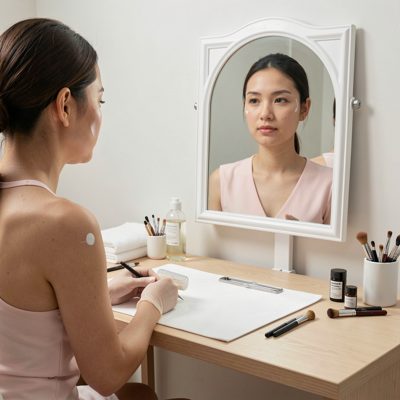 a skin consultation at a desk with a mirror
