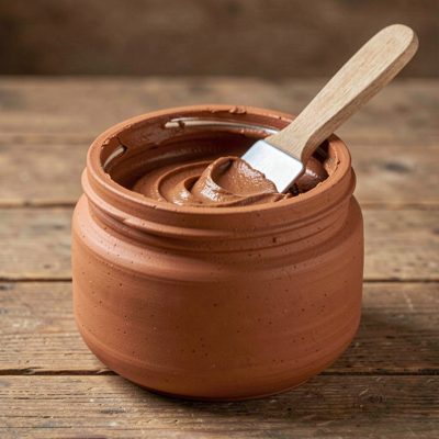 a jar of clay mask with a spatula resting in it