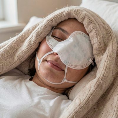 a client with a mask on relaxing under a blanket