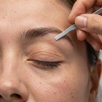 an eyebrow being shaped with a fine razor
