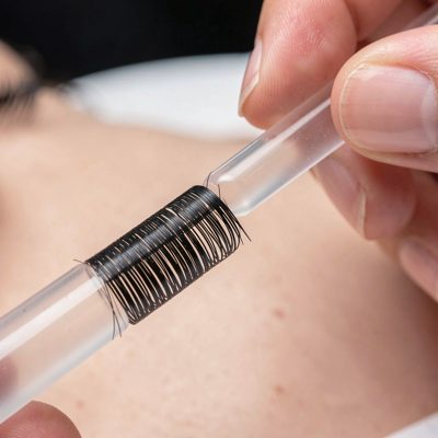 a lash lift being set on a silicone rod