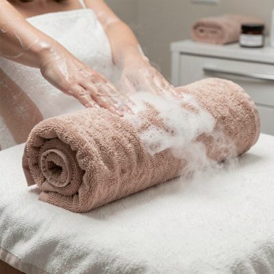 a hot towel being unrolled for a treatment