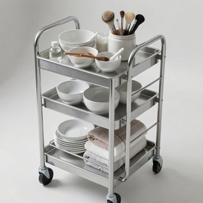 a treatment trolley with bowls and brushes