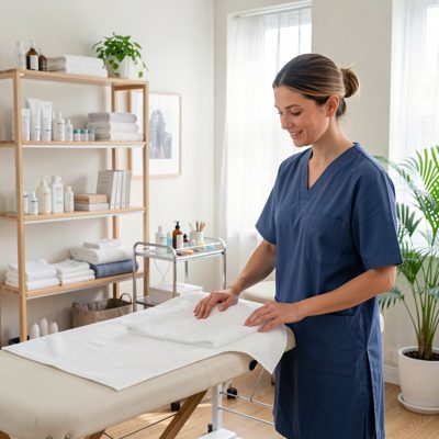 a therapist in a tunic preparing a treatment room