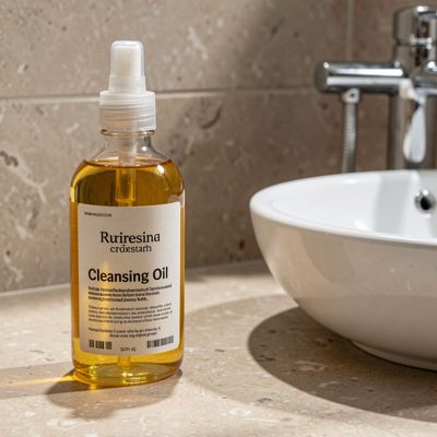 a bottle of cleansing oil beside a basin