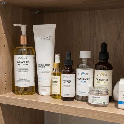 a skincare routine laid out on a bathroom shelf