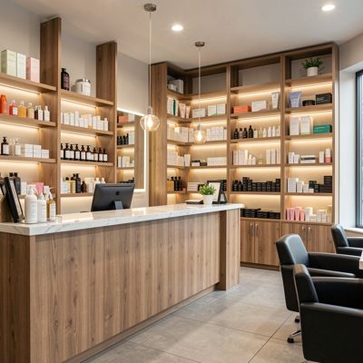 a salon reception with product shelves behind