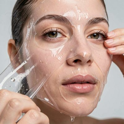 a hydrating gel mask being peeled away