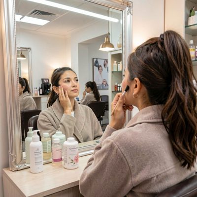 a client's reflection in a salon mirror after a facial