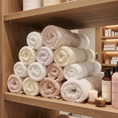 a shelf of rolled towels in a beauty room