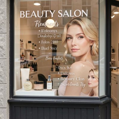 a beauty salon window listing treatments