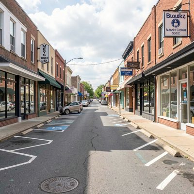 a main street of low storefronts with angled parking