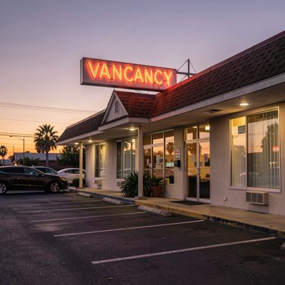 a motel with a neon vacancy sign at dusk