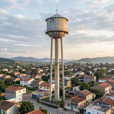 a water tower standing above a small town