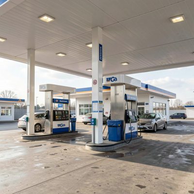 a filling station with two pumps under a canopy