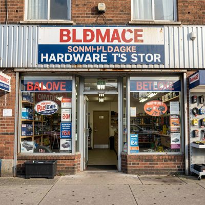 a hardware store front with a painted sign
