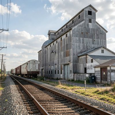 a grain elevator beside a railway line