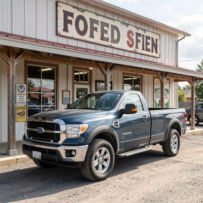 a pickup truck parked outside a feed store