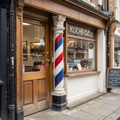 a barber pole outside a small shop