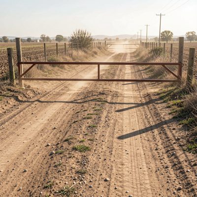 a dusty road with a cattle grid