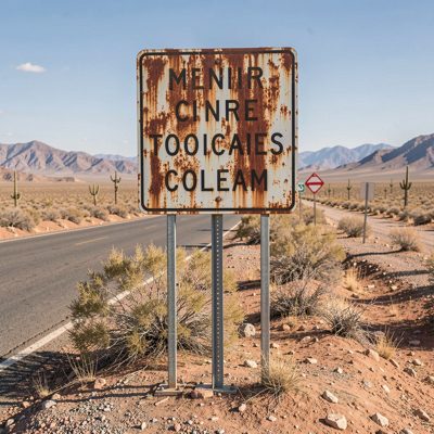 a rusted road sign on a desert verge