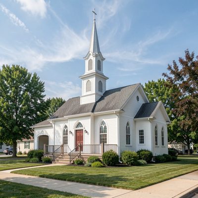 a small church with a white steeple