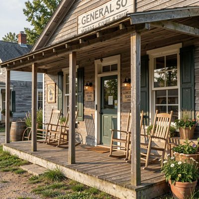 a general store with a porch and rocking chairs