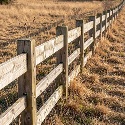 a wooden fence line running across dry grass