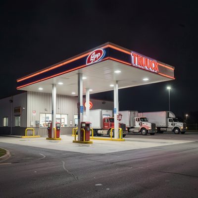 a truck stop at night with lit signage