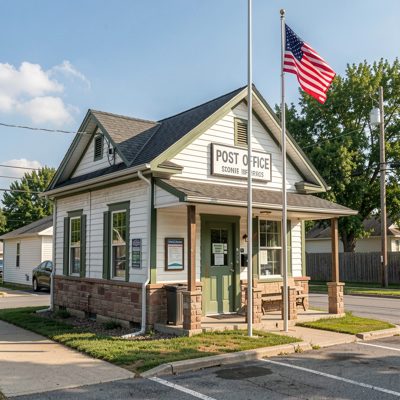 a small post office with a flagpole