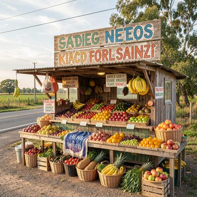 a roadside fruit stand with hand painted signs