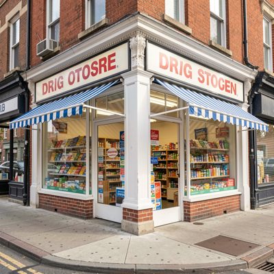 a corner drugstore with a striped awning