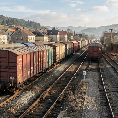 a rail yard with boxcars beside a small town