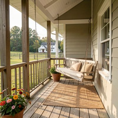 a farmhouse porch with a swing seat