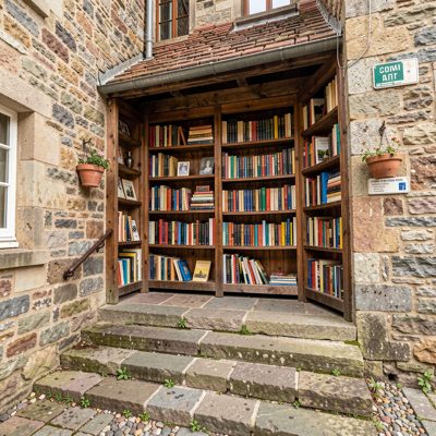 a small town library with stone steps