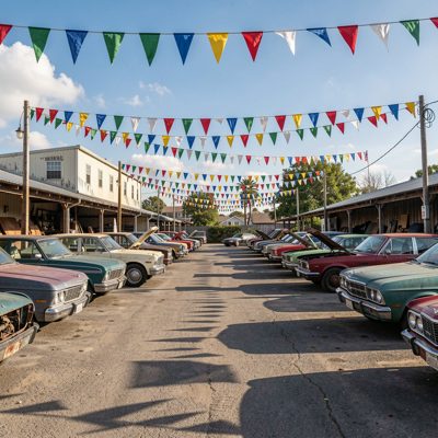 a used car lot with pennants strung overhead