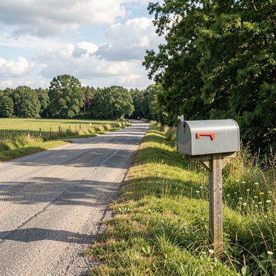 a country road with a mailbox at the verge